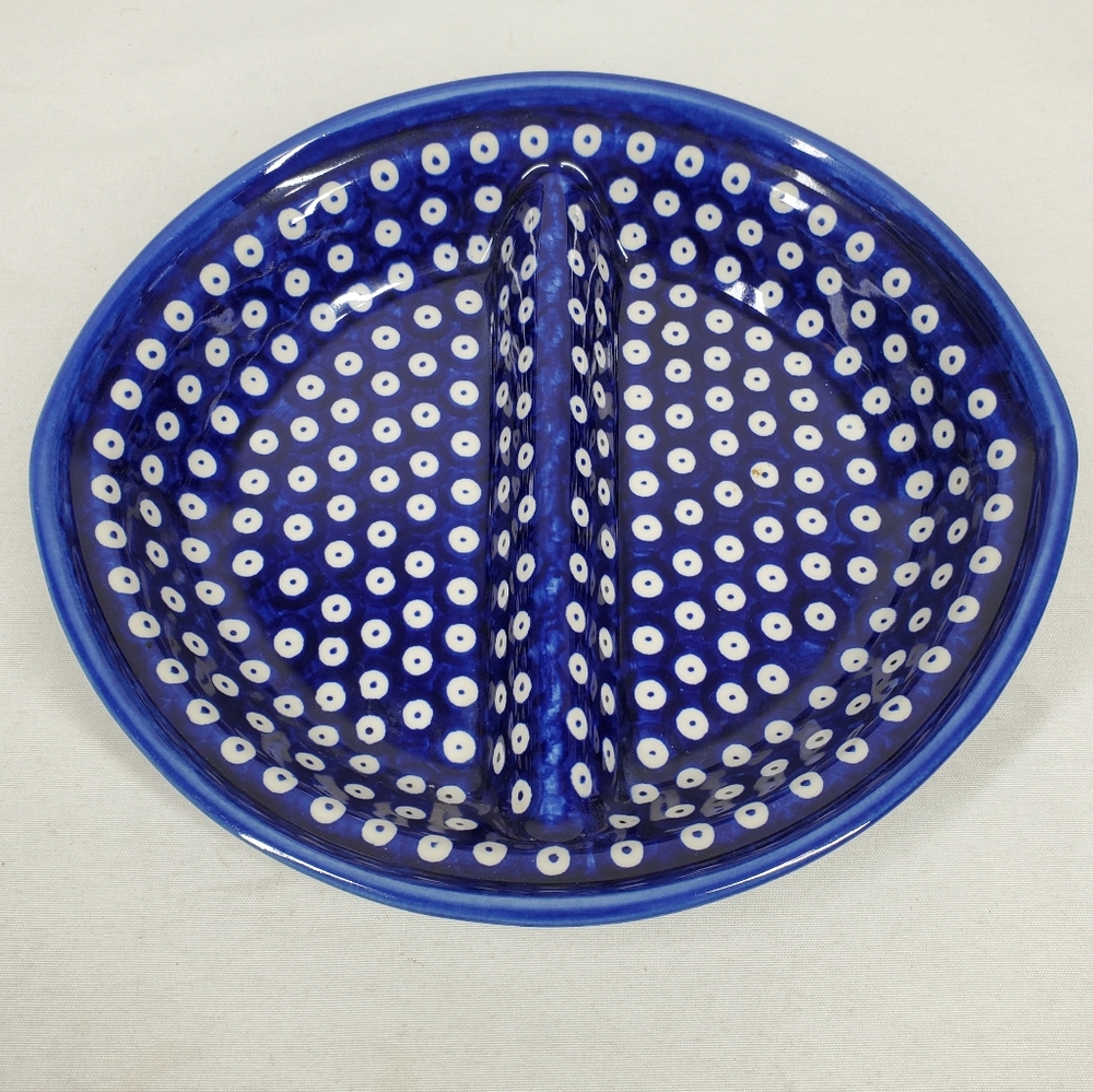 POLISH POTTERY BOLESLAWIEC BLUE OVAL DIVIDED BOWL 10” Vegetable SERVING DISH